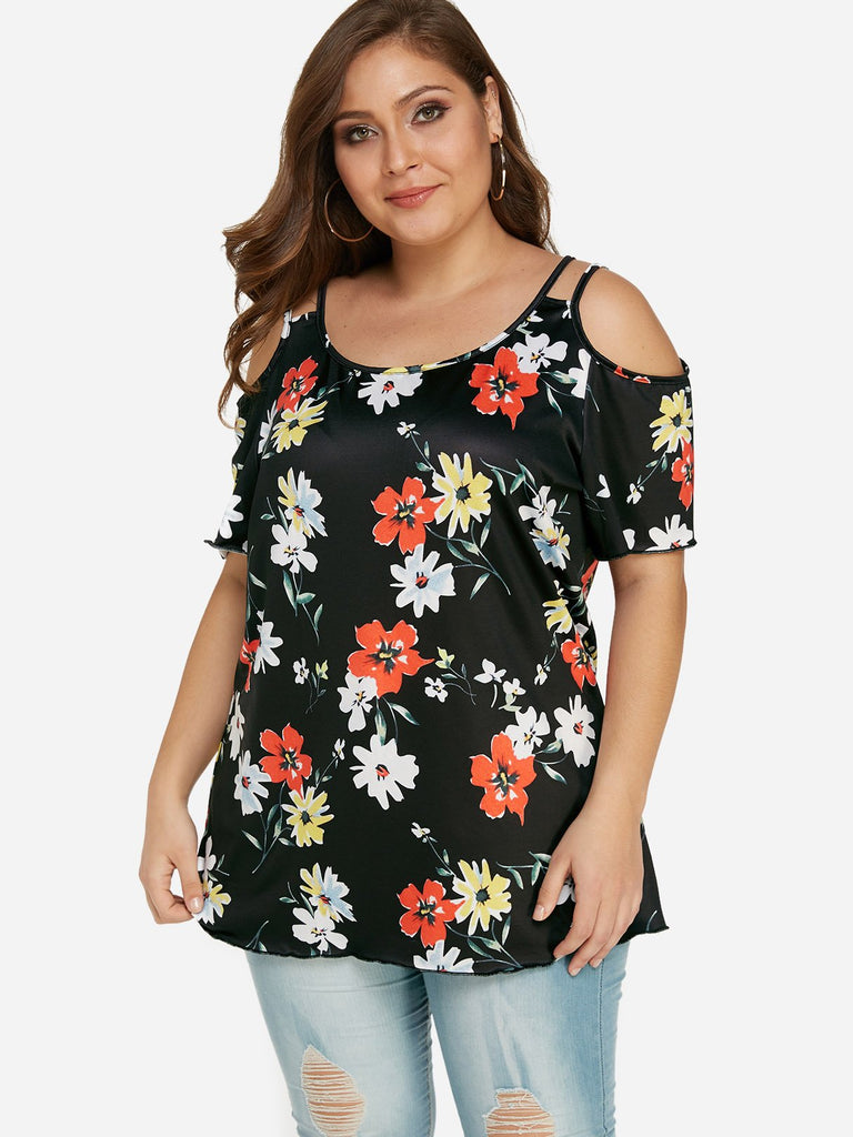 Cold Shoulder Floral Print Backless Short Sleeve Plus Size Tops