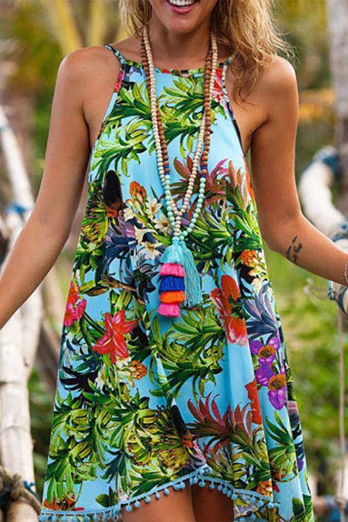 Sleeveless Floral Print Mini Dresses