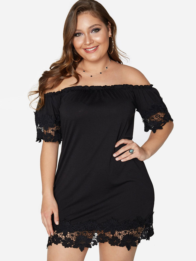 Plain Lace Half Sleeve Bodycon Black Plus Size Dresses