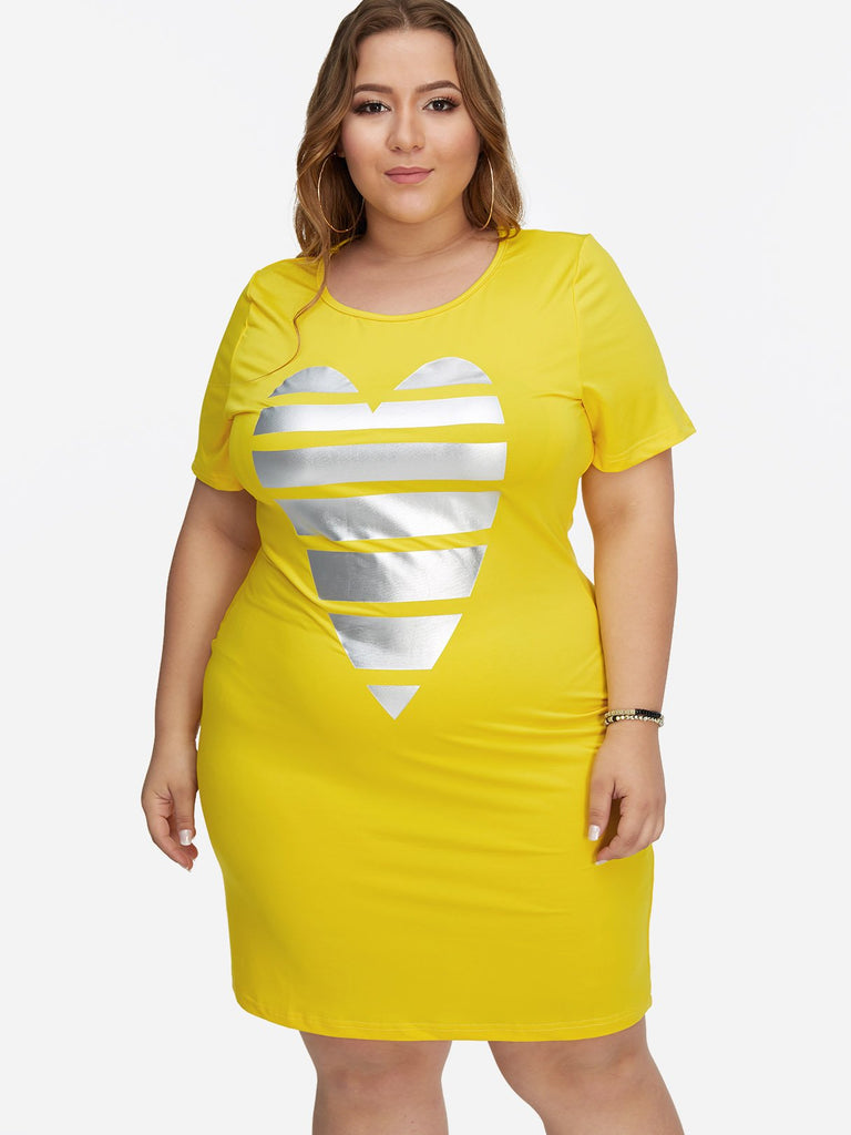 Round Neck Short Sleeve Yellow Plus Size Midi Dress