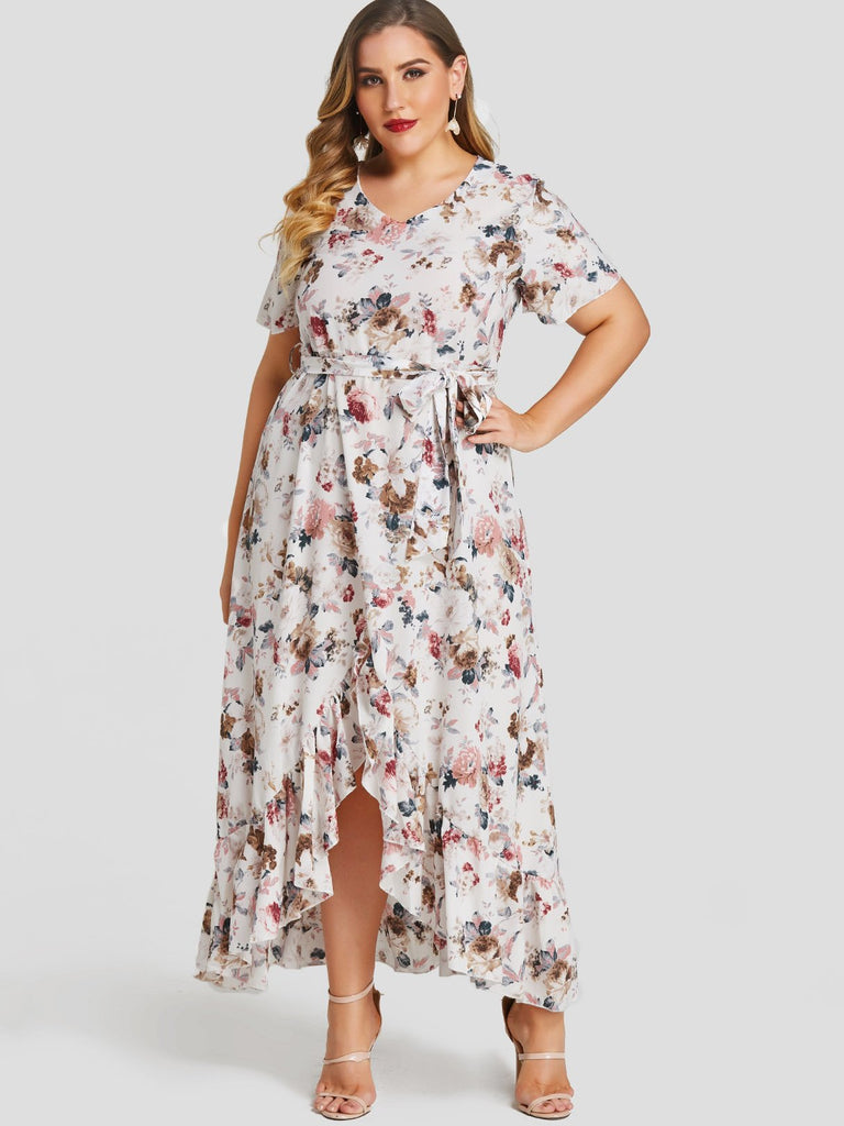 V-Neck Floral Print Self-Tie Short Sleeve Ruffle Hem White Plus Size Dress