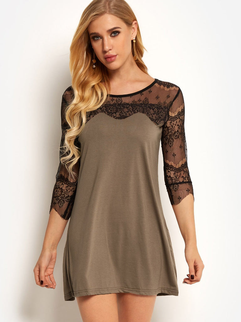 Round Neck 3/4 Length Sleeve Plain Lace See Through Casual Dress