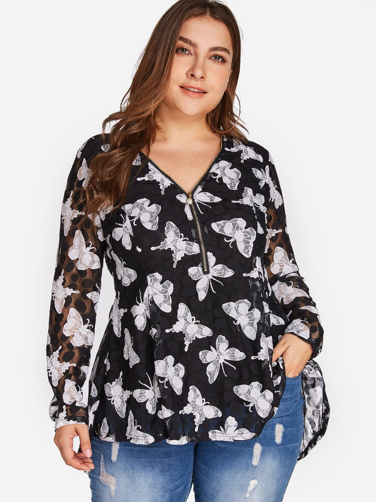 V-Neck Animal Floral Print Long Sleeve Black Plus Size Tops