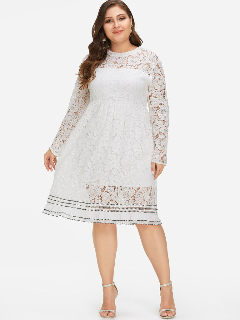 Round Neck Lace Long Sleeve Ruffle Hem White Plus Size Dress