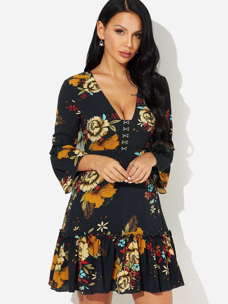 V-Neck Long Sleeve Floral Print Ruffle Hem Dresses