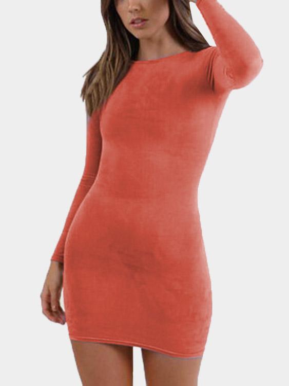 Orange Round Neck Long Sleeve Dress