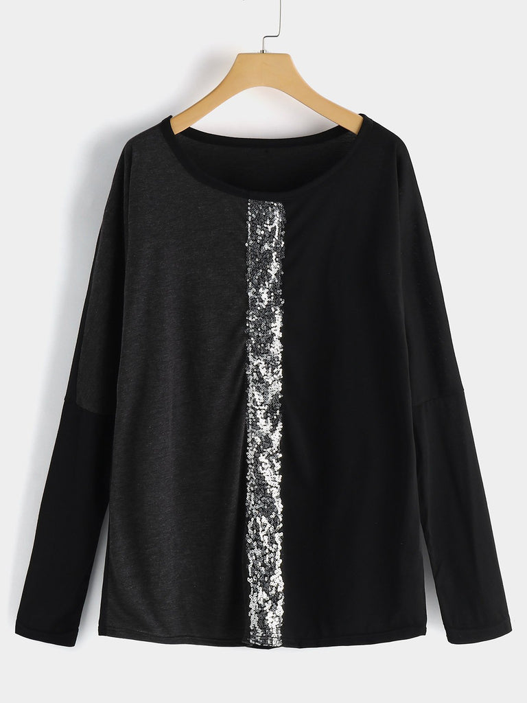 Round Neck Plain Sequins Embellished Long Sleeve Plus Size Tops