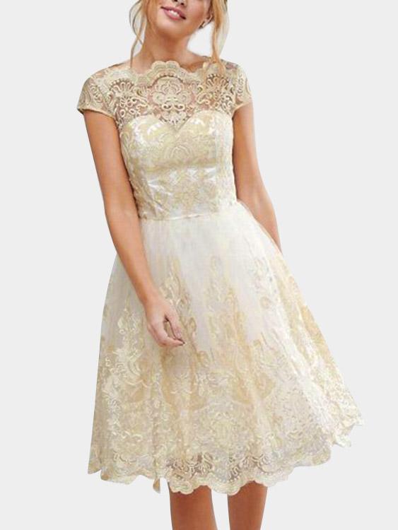 Gold Short Sleeve Sheer Crochet Lace Embellished Hollow Sexy Dresses