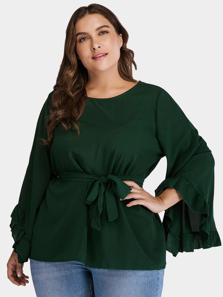 Round Neck Plain Self-Tie Ruffle Trim Long Sleeve Green Plus Size Tops