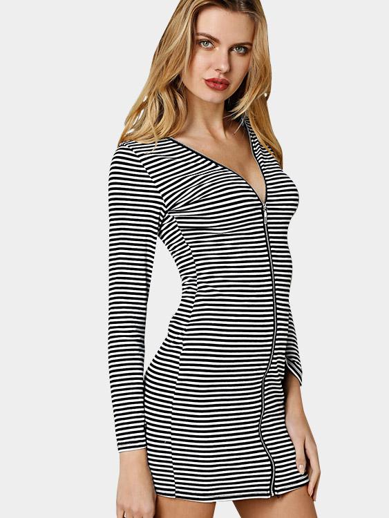 Round Neck Long Sleeve Stripe Zip Back Backless Mini Dresses