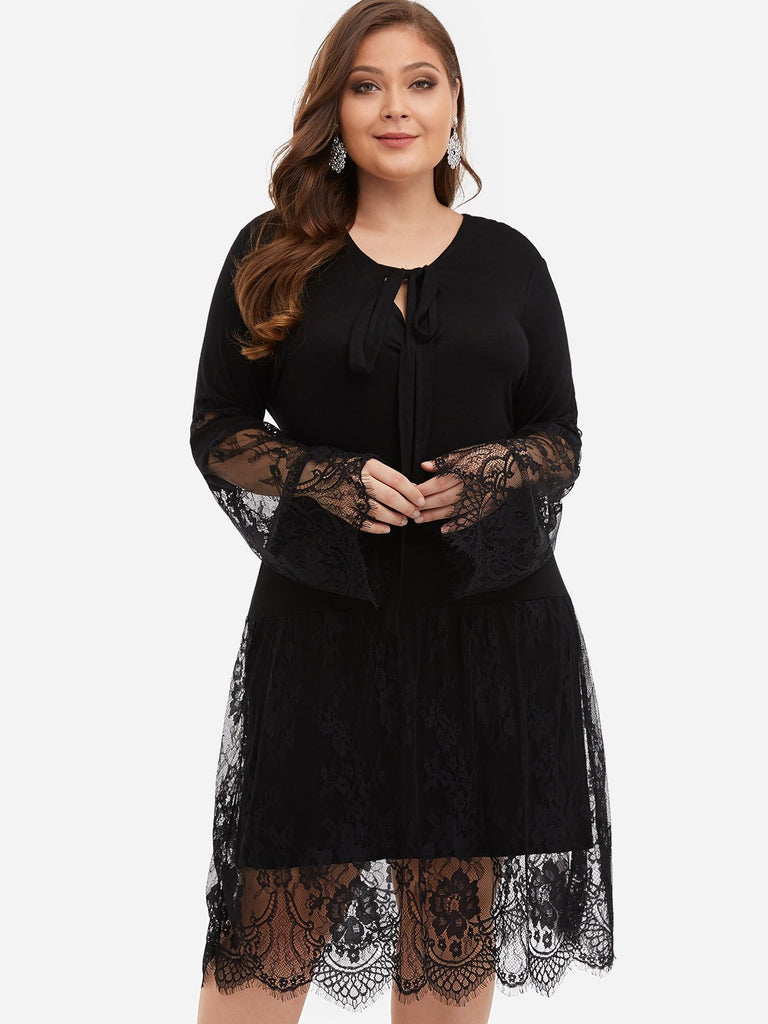 Round Neck Plain Lace Self-Tie Long Sleeve Black Plus Size Midi Dresses