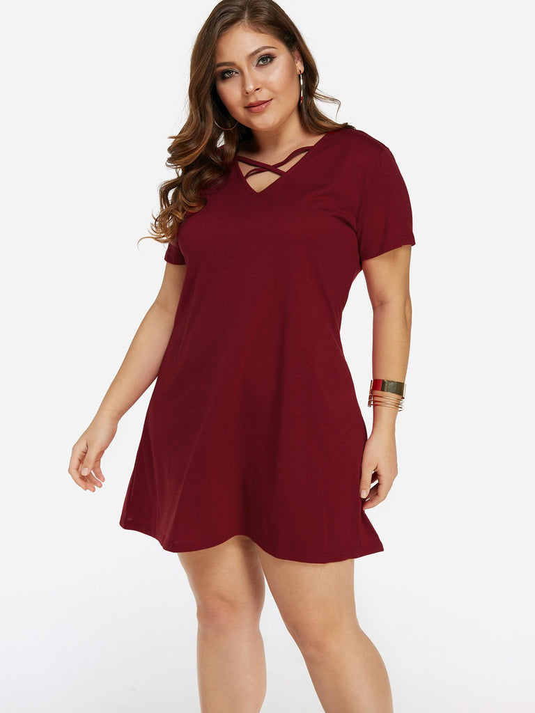 V-Neck Plain Crossed Front Short Sleeve Flounced Hem Plus Size Dresses