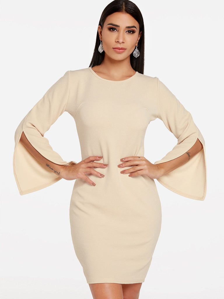 Round Neck Long Sleeve Plain Slit Apricot Casual Dresses