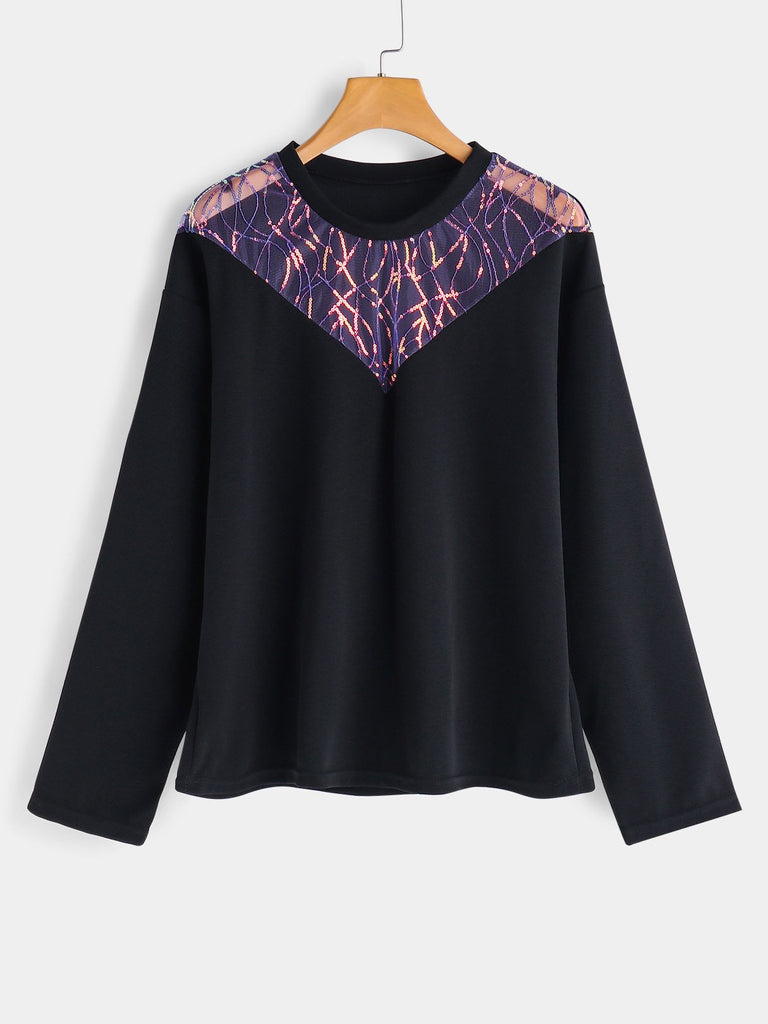 Round Neck Plain Sequins Embellished Long Sleeve Black Plus Size Tops