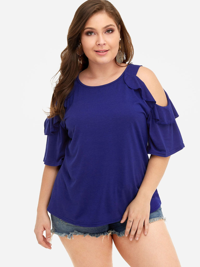 Round Neck Cold Shoulder Plain Ruffle Trim Half Sleeve Plus Size Tops