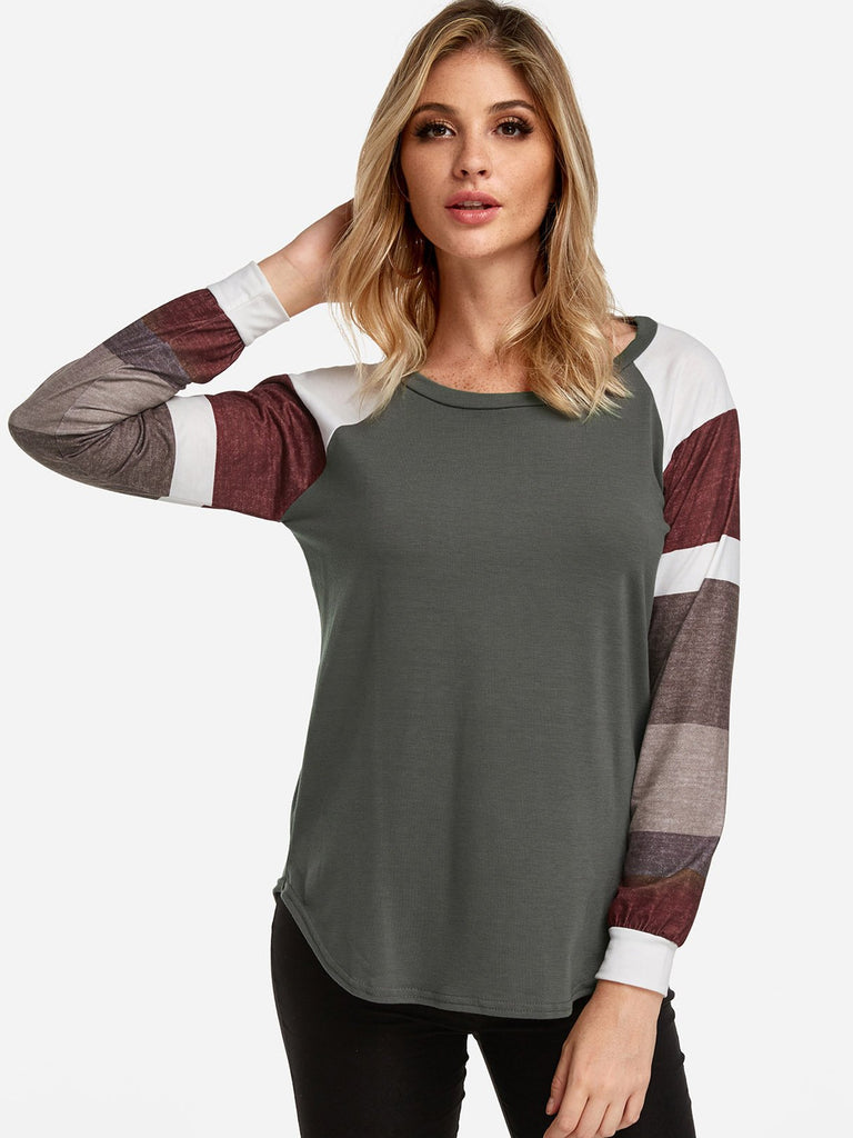 Round Neck Stripe Long Sleeve Grey T-Shirts