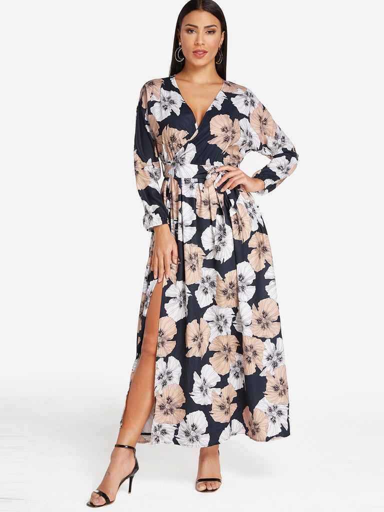 V-Neck Long Sleeve Floral Print Lace-Up Wrap Slit Hem Dresses