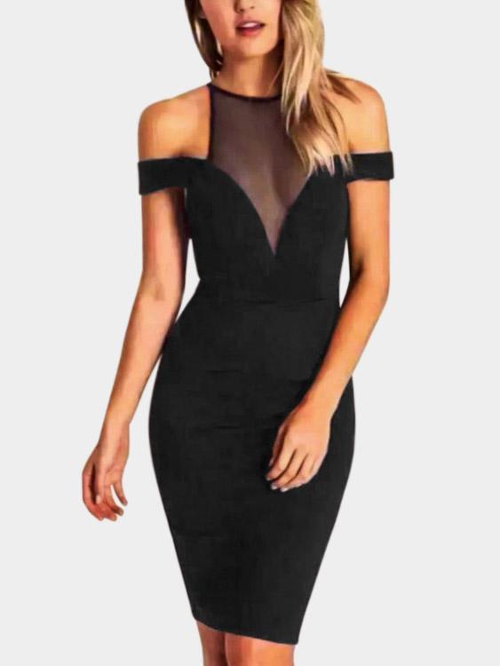 Black Halter Off The Shoulder Short Sleeve Zip Back Cut Out Bodycon Sexy Dresses