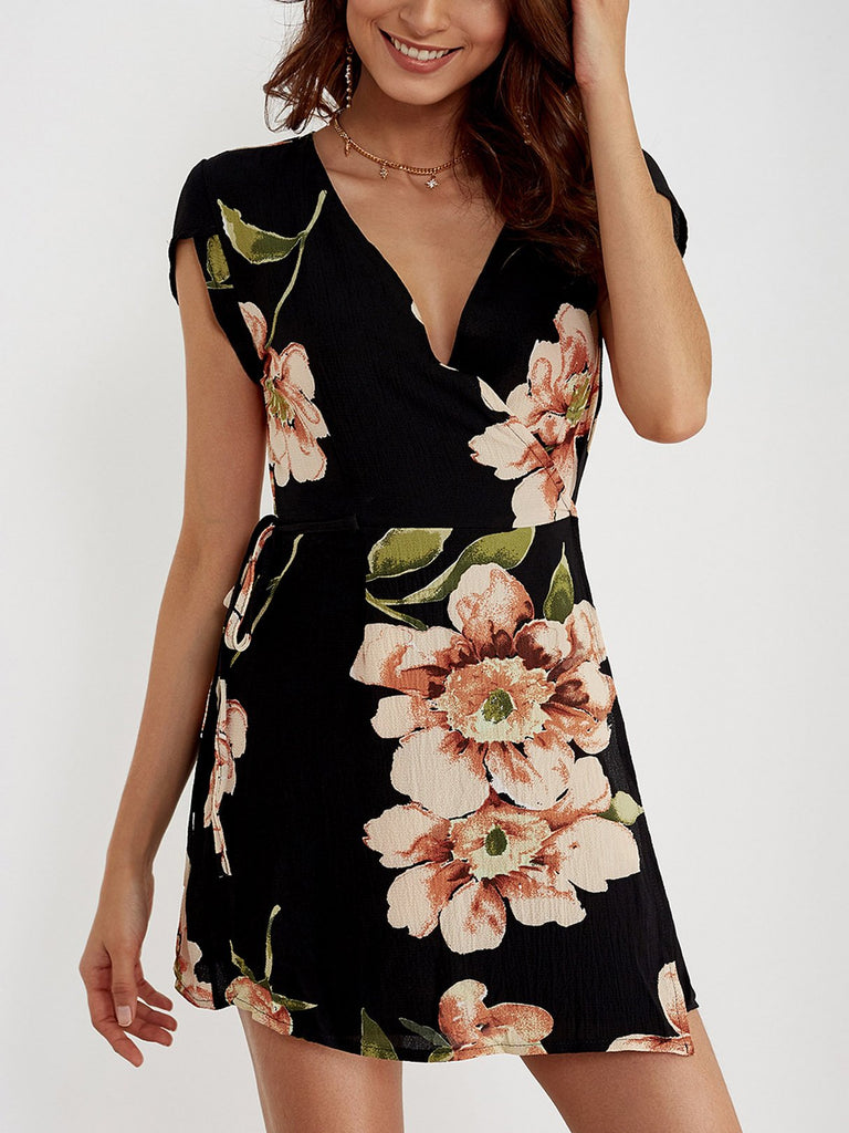 V-Neck Floral Print Self-Tie Wrap Dresses