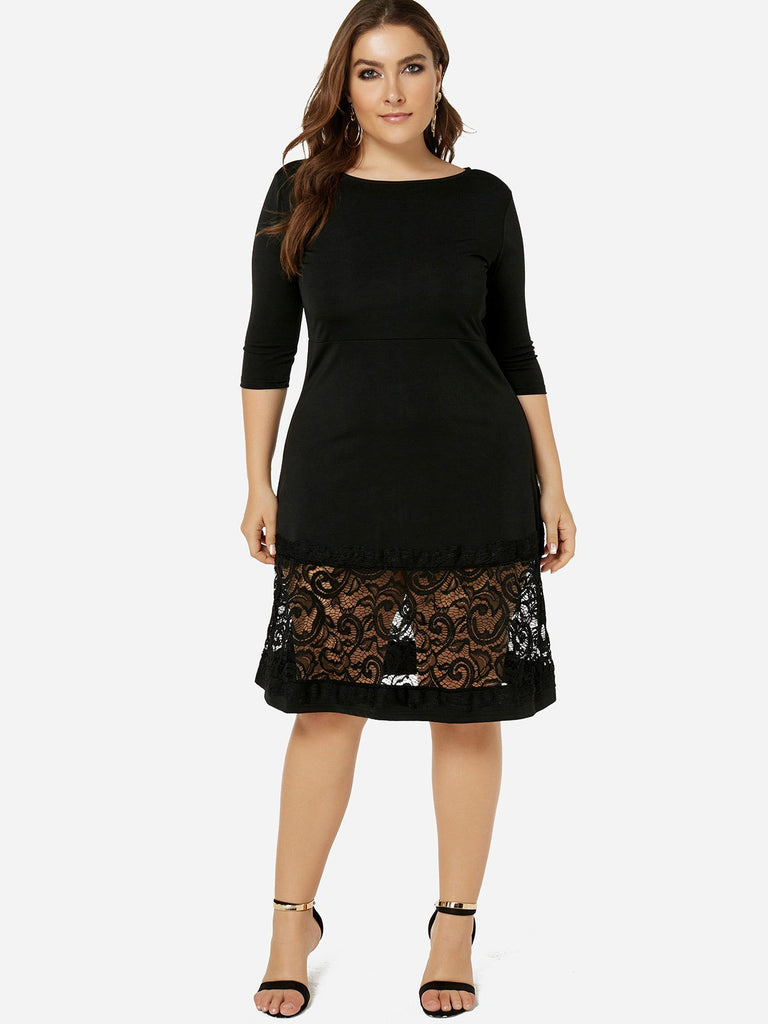 Round Neck Plain Lace Hollow See Through Half Sleeve Stitching Hem Black Plus Size Dresses