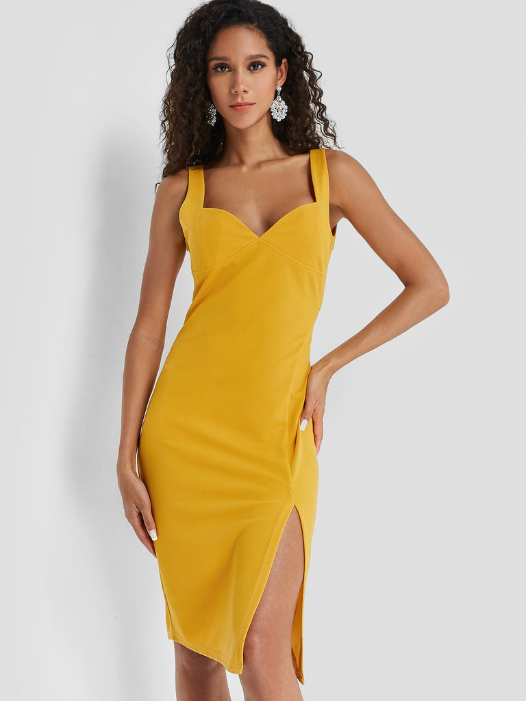 Ladies Yellow V-Neck Dresses