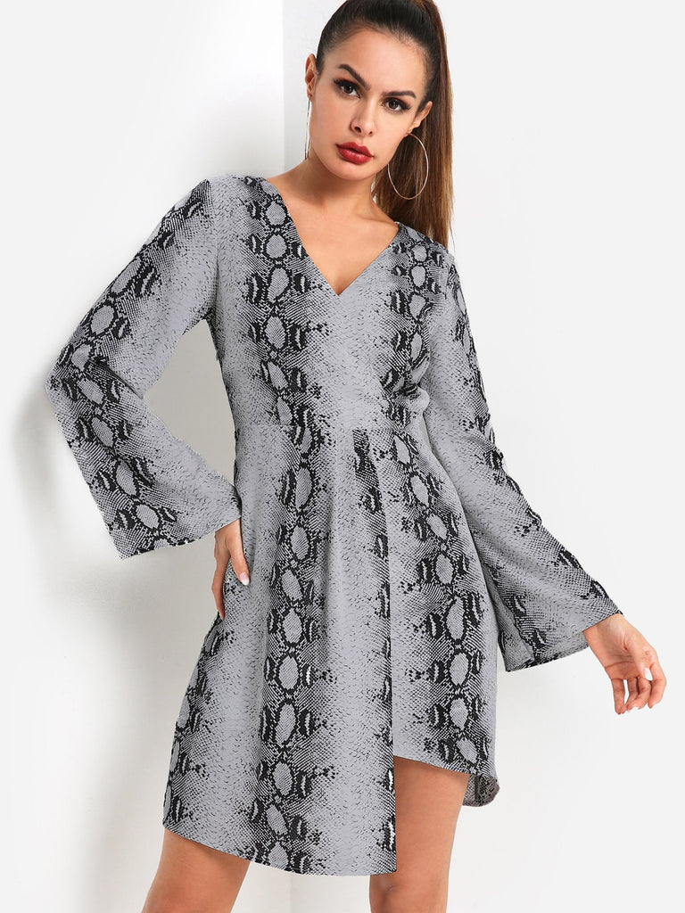 Grey V-Neck Long Sleeve Snake Crossed Front Slit Irregular Hem Dresses