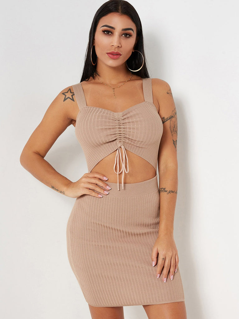 Beige Square Neck Sleeveless Plain Cut Out Self-Tie Sexy Dresses