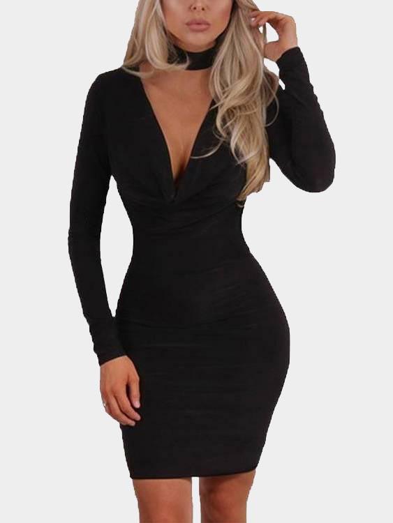 V-Neck Long Sleeve Bodycon Dresses