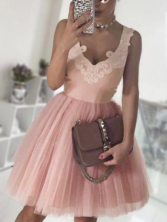 Pink Deep V-Neck Sleeveless Crochet Lace Embellished Zip Back Dresses