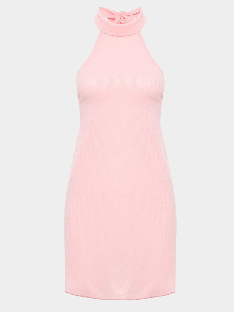 Pink Pleated Swing Halter Neck Sexy Dress