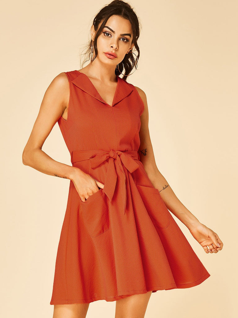 Orange Lapel Collar Sleeveless Plain Side Pockets Self-Tie Dresses