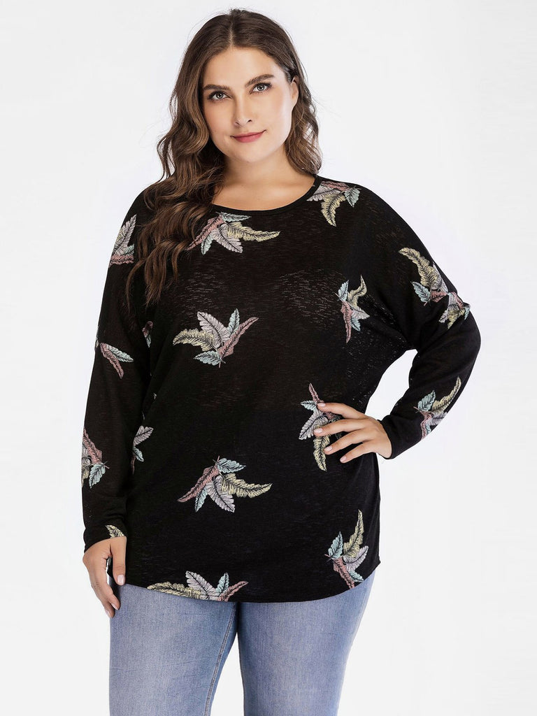 Round Neck Floral Print Calico Long Sleeve Black Plus Size Tops