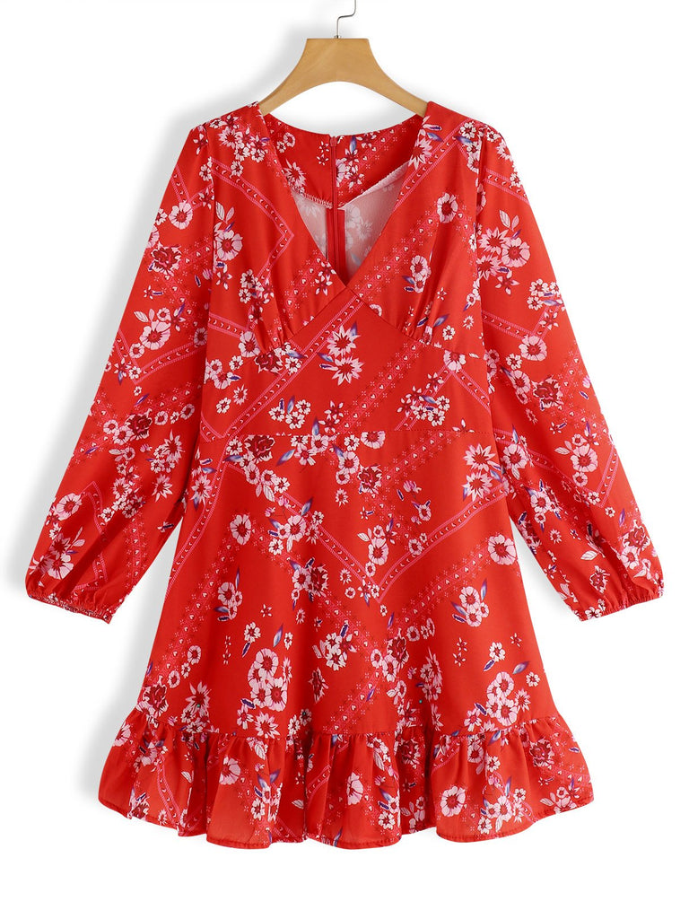 Red V-Neck Long Sleeve Floral Print Ruffle Hem Dresses