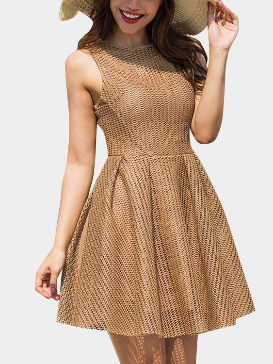 Khaki Round Neck Sleeveless Plain Zip Back Sexy Dresses