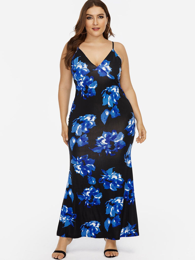 Deep V Neck Floral Print Backless Spaghetti Strap Sleeveless Plus Size Maxi Dress