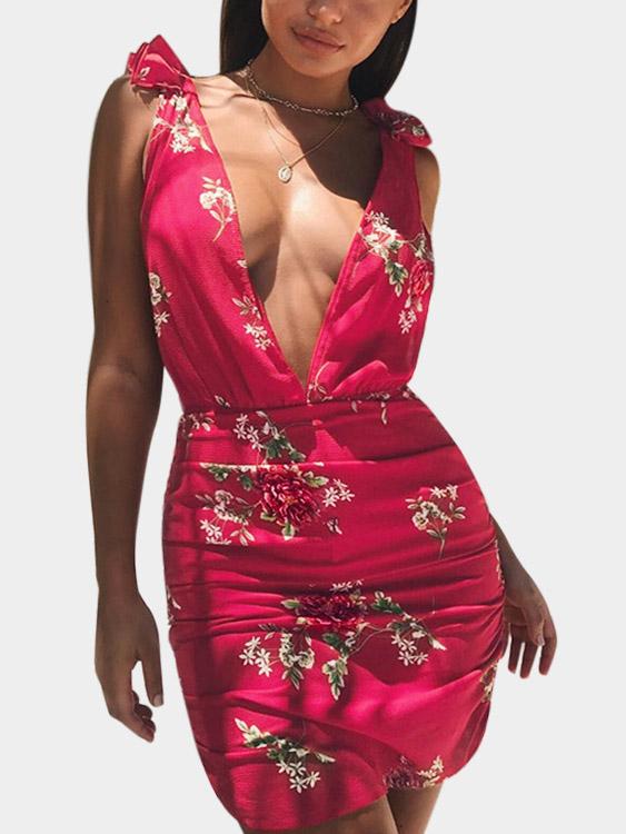 Rose Deep V Neck Sleeveless Floral Print Backless Dress