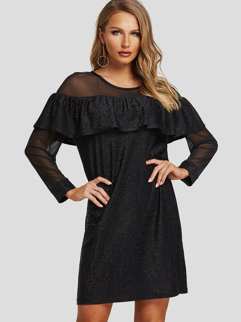 Black Round Neck Long Sleeve Plain See Through Casual Dresses