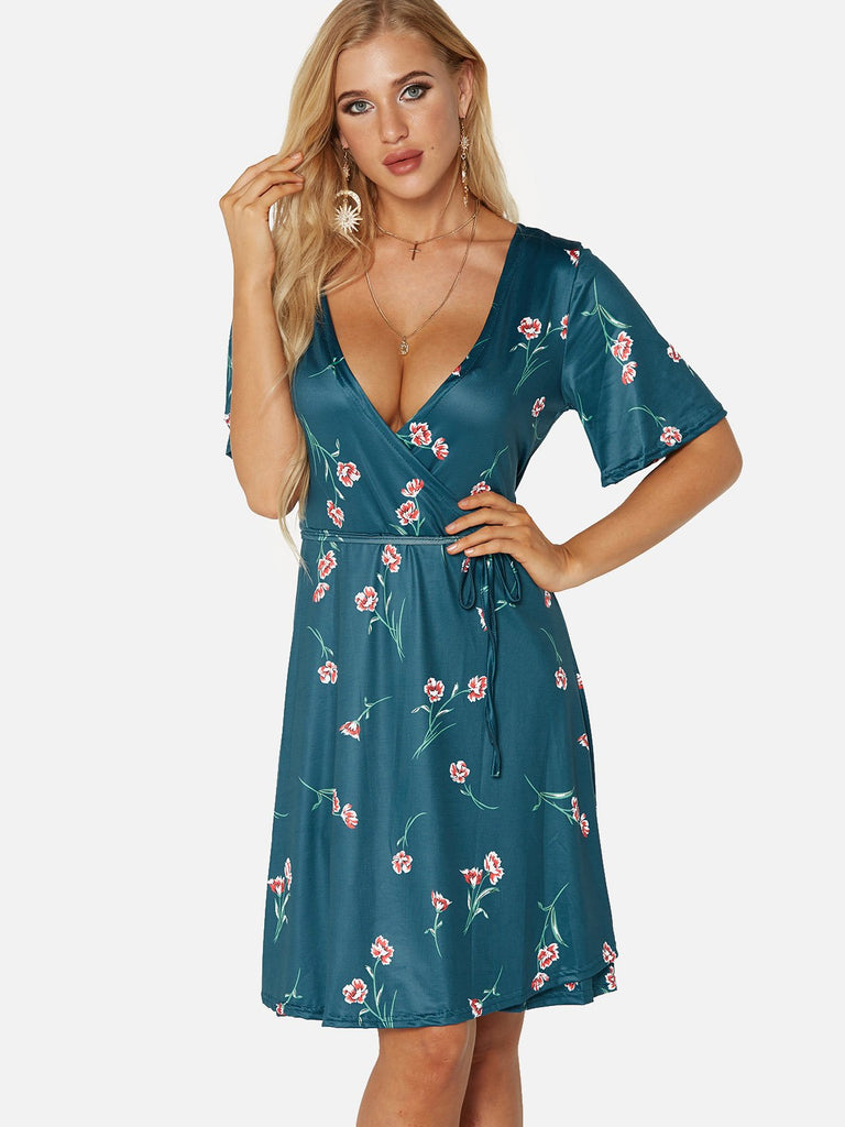 V-Neck Short Sleeve Floral Print Self-Tie Wrap Dresses