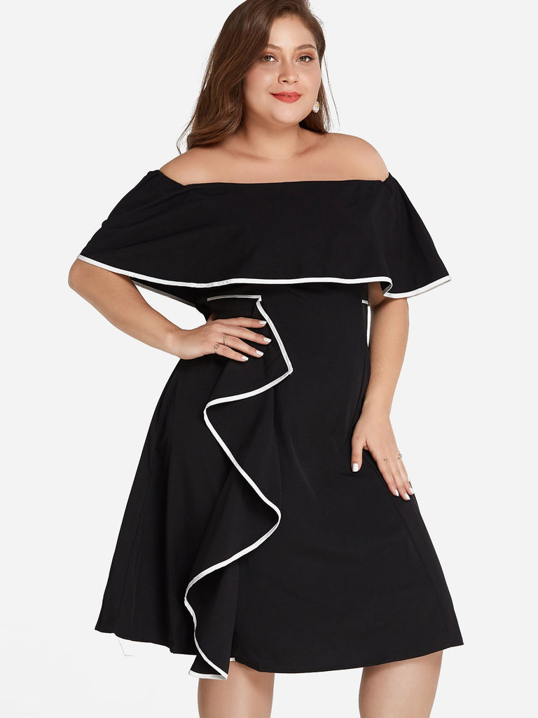 Off The Shoulder Tiered Ruffle Trim Short Sleeve Flounced Hem Black Plus Size Dress