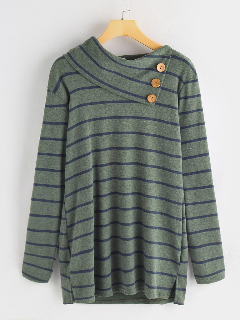 Drape Sagging Stripe Long Sleeve Green T-Shirts