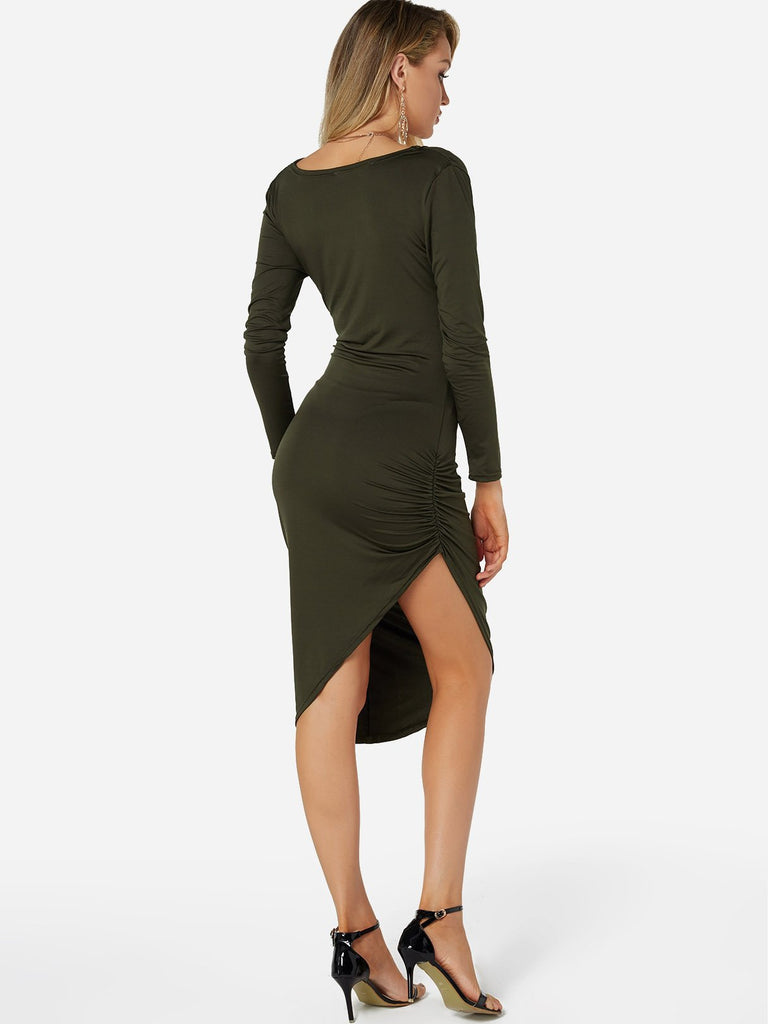 Womens Army Green V-Neck Dresses