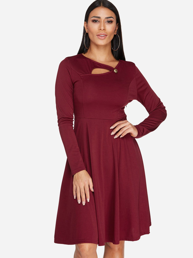 Asymmetrical Long Sleeve Plain Hollow High Waist Sexy Dresses