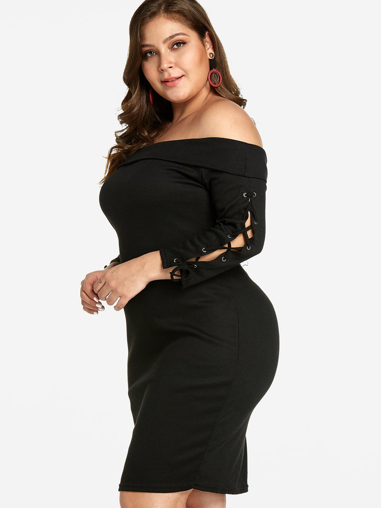 Off The Shoulder Plain Lace-Up 3/4 Sleeve Black Plus Size Dress