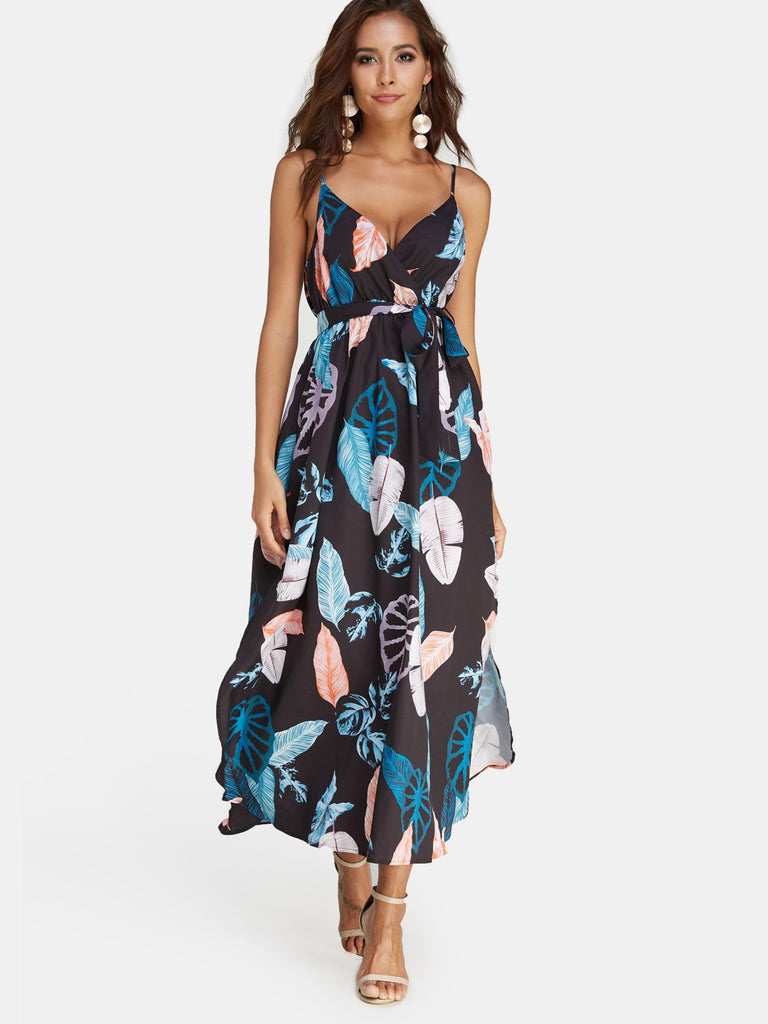 Black V-Neck Sleeveless Printed Spaghetti Strap Belt Slit Hem Maxi Dresses