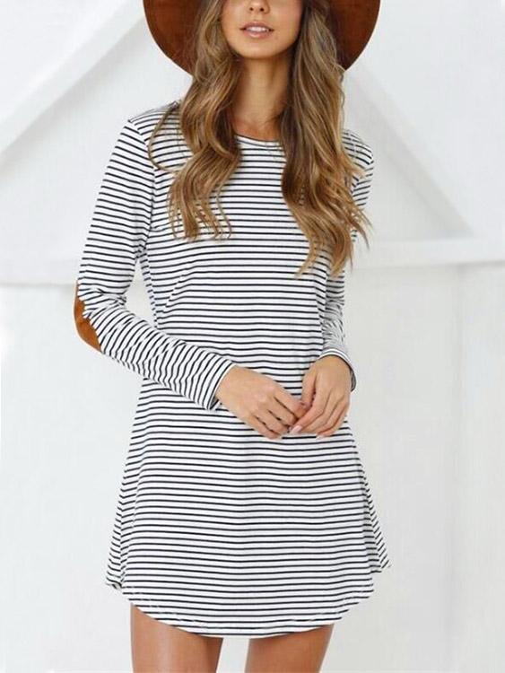 Round Neck Long Sleeve Stripe Irregular Hem Mini Dress