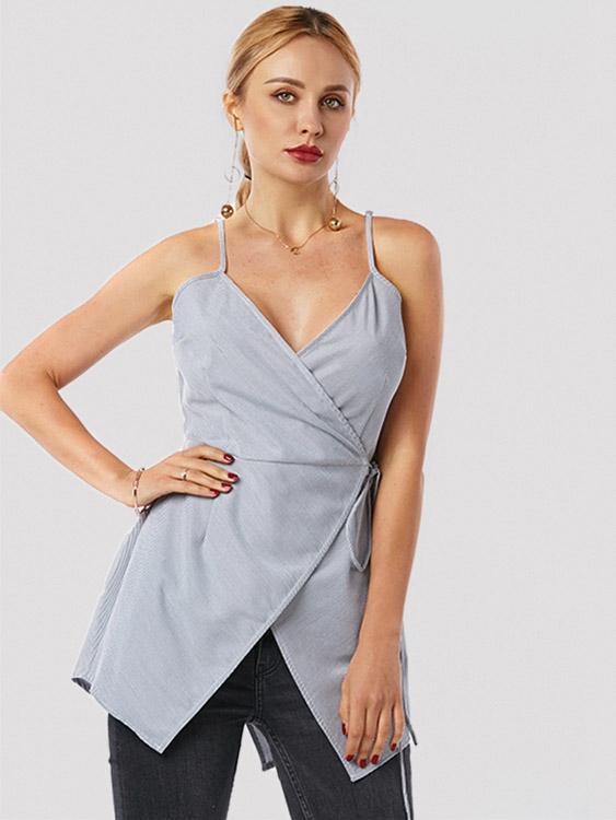 V-Neck Crossed Front Sleeveless High-Low Hem Grey Camis