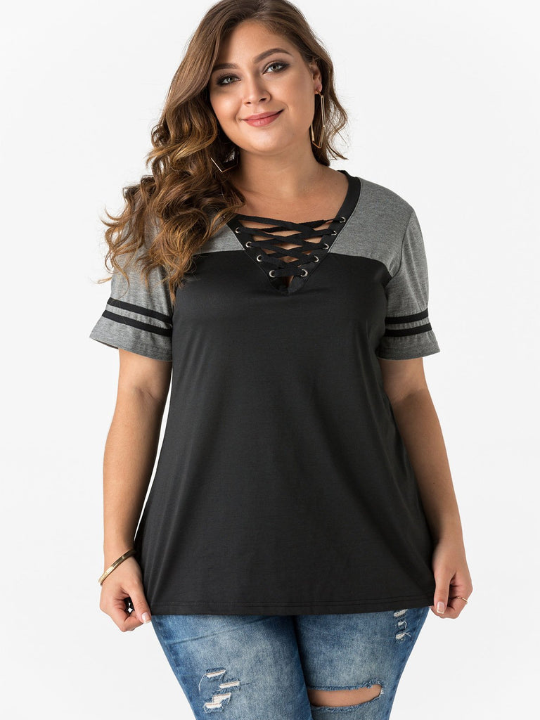 Deep V Neck Criss-Cross Short Sleeve Plus Size Tops