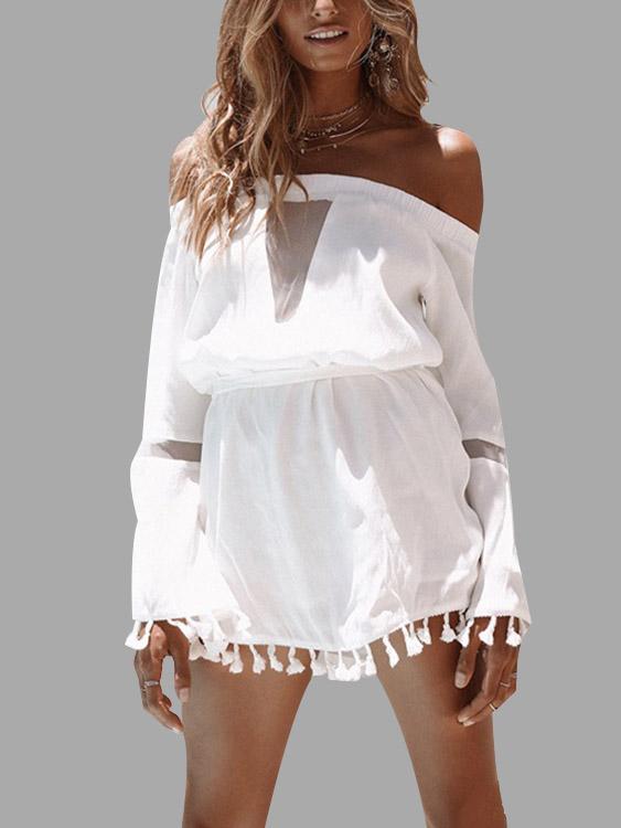 White Off The Shoulder Long Sleeve Tassel Mini Dress