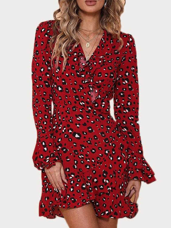 Red V-Neck Long Sleeve Leopard Wrap Ruffle Hem Dresses