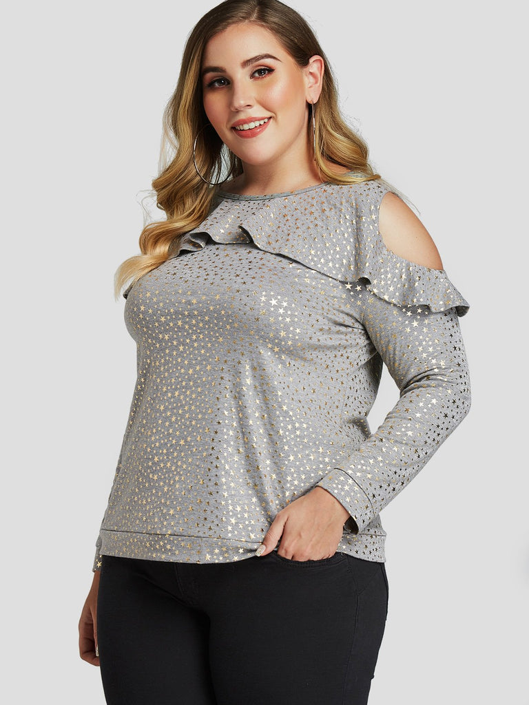 Round Neck Star Cut Out Long Sleeve Grey Plus Size Tops